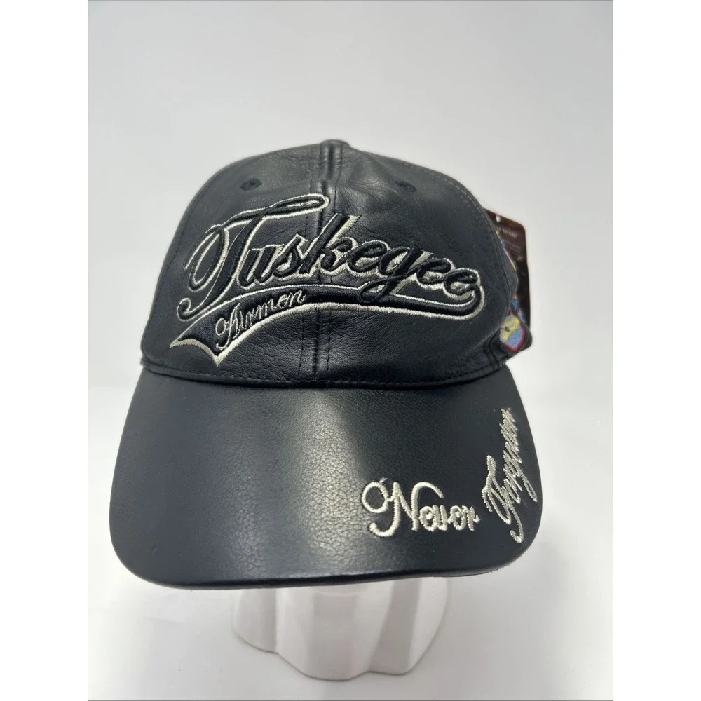 VTG Tuskegee Airman Leather Baseball Cap‎ Hat Black Never Forgotten 1941 Patches